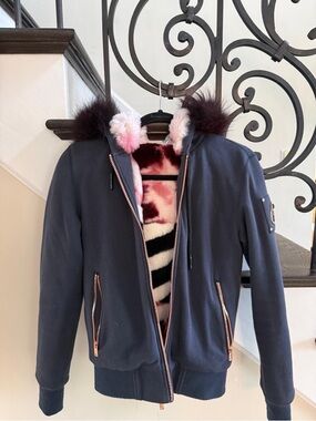 Navy Hooded Jacket with Pink & Black Faux Fur Lining